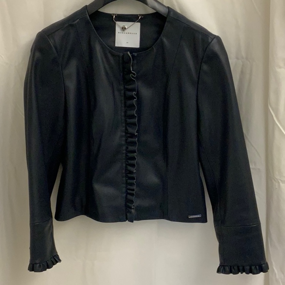 Cropped Navy Vegan Leather Ruffle Jacket with Front Zip by Rino & Pelle - NWOT